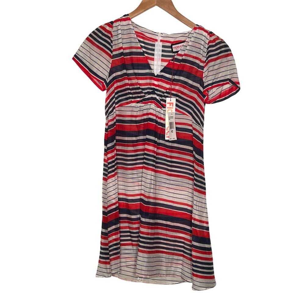 Fiorucci 42 Striped Red White Navy SS Lightweight Summer Baby Doll V-Neck Zip